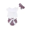 Baby Tjej Kläder Ställer Tjejer Av Axelskjorta Shorts Bowknot Headband 3pcs Suit Summer Bomull Linen Ruffled Collar Tassel Outfits Zyqc574