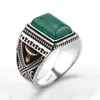 925 Стерлинговое серебро Установка зеленого агата Геометрическое каменное кольцо Панк стиль для мужчин пальцев кольцо ювелирных изделий