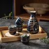 Service à saké japonais, verres de restaurant asiatique avec 1 bouteille Tokkuri en céramique et 4 tasses Ochoko, cercle terreux brossé sur glaçage bleu