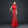 Chiński styl japoński ślub czerwony zmodyfikowany szczupłe ciało panna młoda elegancka odzież Fishtail Cheongsam długa sukienka Walking Show Costume