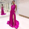 Fucsia High Slit A Line Vestidos de baile V Neck Long Evening Party Vestidos formales