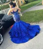Royal Blue Mermaid Prom Klänningar Plus Size African Long Formal Gowns High Neck Långärmad Crystal Elegantes Vestidos formaler de noche 2019