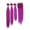 Pure Purple Peruvian Human Hair Bundles with Top Closure Straight Purple Colored Virgin Hair Weaves with 4x4 Lace Closure Piece 4Pcs Lot