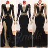 Seksowne boczne szczeliny Czarne Prom Dresses Mermaid V Neck Gold Lace Aplikacja Plunging Plus Size Custom Made Długie Rękawy Formalne wieczorowe suknie wieczorowe