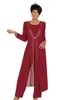 Tre stycken Crimson Mother of the Bride Pant Suits Party Dresses Glowns Golvlängd Formell plagg Anpassad bröllop Gäst DRE275Z