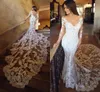 Amazing Chapel Train Lace Bröllopsklänningar Mermaid 2020 Poet Långärmade Sexiga Öppna Tillbaka Deep V-Neck Applique Luxury Bridal Dress Gowns