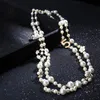 Fashion luxury designer classic flower elegant bright pearl multi layer long winter sweater statement necklace for woman