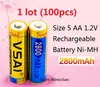 100 pcs 1 lote Tamanho 5 1.2 V 2800 mAh Ni-MH Bateria Recarregável de 1.2 Volts Ni MH baterias frete grátis