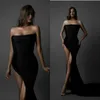 2020 Enkla generösa kvällsklänningar hot sälja sexig svart strapless domstol tåg prom klänning satin ärmlös skräddarsydda festklänning billigt