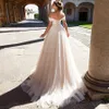 Robe de mariée trapèze Simple, épaules dénudées, avec des Appliques en dentelle et ceinture en strass, style Boho, en Tulle, à plusieurs niveaux