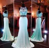 Unikalne dwuczęściowe sukienki na studniowe sukienki wieczorowe Suknie syreny Sheer szyi kryształy długość podłogi długie konkurs
