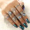 11 Pcs/set Women Boho Carving Flowers Leaves Water Drop Stars Crystals Gem Joint Ring Lady Party Silver Wedding Ring