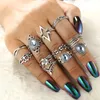 11 stks / set Vrouwen Boho Carving Bloemen Bladeren Water Drop Stars Crystals Gem Gong Ring Lady Party Silver Wedding Ring