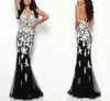 2020 Halter White Lace Black Dresses Evening Wear Trumpet Pearls Beaded Crystal Waistline V Open Back Pageant Dress Prom Special Occasion