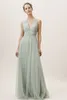 2019 BHLDN dama de honra Vestidos V Neck Tulle mangas até o chão verde da hortelã ocasião formal vestido barato vestidos de noite