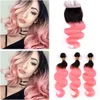 #1B/Pink Ombre Body Wave Indian Human Hair 3Bundles and Closure Ombre Rose Gold Wavy Weave Wefts Black Roots with 4x4 Lace Closure