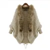 Women Faux Fur Collar Batwing Sleeve Loose Casual Warm Cardigan Shawl Sweater