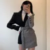 Ternos femininos blazers mulheres blazer vintage xadrez retalhos primavera manga longa combinando jaquetas irregulares casaco com cintos terno casacos