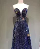 Vestido de noche azul chispeante Lentejuelas brillantes con cuentas Vestido largo de fiesta Cariño Sin mangas Sin espalda Vestidos largos de pasarela Fotos reales