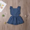 Nyfödda flickor Summer Blue Dot ärmlös Princess Party Dress Back Cross Backless Party Dress 1-6T