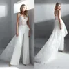 Fashion V Neck Lace A Line Wedding Dresses Jumpsuit Ruffles Tulle Applique Ruched Floor Length Wedding Bridal Gowns robe de mariée BC2736