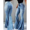 Acquista Jeans Da Donna Jeans Casual Slim Elasticizzati In Vita Denim Pantaloni Lunghi A Zampa D'elefante Pantaloni Azzurri Da Donna