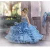 놀라운 계층화 된 파란색 된 공 가운 꽃 소녀 드레스 웨딩 대회 가운 얇은 층 길이 뻗은 첫 번째 친교 드레스