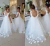 Zarif Beyaz Çiçek Kız Elbise Düğün Scoop Dantel Tül İnciler Backless Ruffles Prenses Çocuk Düğün Doğum Günü Partisi Elbiseler
