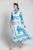 Damskie sukienki startowe Wyłącz Kołnierz Długie Rękawy Flare Floral Printed High Street Casual Maxi Sukienki