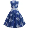 Christmas Snowflake Print Sleeveless Vintage Dresses Women Midi Skater Dress With Sash