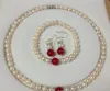 7-8mm White Akoya Kultury Perły / Red Jade Bransoletki 8''Necklelace18 '' Set A026