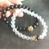 Natural Stone Matte Stone Black White Crystal Couple Beads Bracelets Imperial Crown Charm Bracelet for Men Women