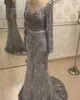 2019 arabski srebrny luksusowa koronka zroszony sukienki dla matki panny młodej syrenka długie rękawy sukienki dla matki pana młodego Vintage suknie wieczorowe