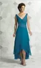 Elegante Moeder Van De Bruid Jurken V-hals Geplooide Kralen Chiffon Thee Lengte Hoog Laag Turquoise Vrouwen Feestjurk Galajurken