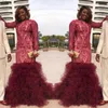 Bourgogne Plus La Taille Robes De Bal 2019 Dentelle Appliques Manches Longues Robes De Soirée Sud Africain Froncé Organza Sirène Robe De Soirée Formelle