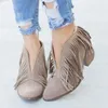 2019 Chic Women Shoes Fringe Suede High Heel Ankle Boots Kvinnliga mitten av klackar Casual Mujer Booties Feminina Plus Size 43