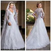 Elegant Long Sleeves Lace A Line Wedding Dresses V Neck Tulle Applique Bridal Wedding Gowns With Buttons robes de mariée