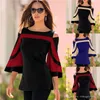 Frauen Beste Bluse Schwarz Weiß Farbe block Glocke Ärmel Kalten Schulter Top Mujer Camisa Feminina Büro Damen Kleidung S-2XL