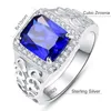 Bonlavie 925 Стерлинговые серебряные квадратные Sapphire Blue Zircon Рельеф зерна Мужское кольцо для свадьбы и вовлечения1