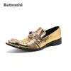 Batzuzhi 2020 Nowe Luksusowe Chaussures Hommes Oryginalne skórzane buty Mężczyźni Siated Metal Toe Golden Party and Wedding Footwear Buty