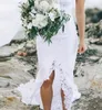 Moda Novo Romântico Branco Alto Baixo Curto Frente Longa Traseira Fenda Frente Renda Praia Vestidos de Noiva Halter Sereia Custom Made Boho Br281H