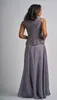 Three Pieces Chiffon Long Mother Of The Bride Dress Square Neck Long Sleeve Jacket Grey Mother's Dress Floor Length Formal Evening Gowns