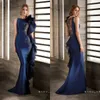 Syrenka Koronki Zroszony 2020 Afryki Suknie Wieczorowe Satin Navy Blue Prom Dress Sexy Tanie Formalne Party Suknie