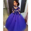 2022ハイネックガールズのページェントドレスのための婚約長袖ロイヤルブルービーズフラワーガールドレスの床の長さの子供の誕生日競争ドレス