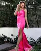 2020 Sexy Fuchsia Evening Dresses Halter Plunging V Neck Side Slit Mermaid Criss Cross Back Prom Party Gowns Custom Made Plus Size