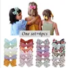 NIEUW 6PCS Gedrukte Plaid Pure Color Mixed Bow Hair Clip Set Fashion Floral Cotton Print Bowkont Hoofdband Boheemse haarspeld Hinhair