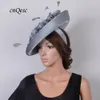 Large Silver satin fascinator Ladies formal Dress hat church hat for wedding bridal shower mother of the bride w/feather flower