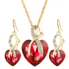 Rouge bleu cristal autrichien coeur pendentif collier boucles d'oreilles ensembles de bijoux chaîne en or femmes demoiselle d'honneur fiançailles bijoux de mariage
