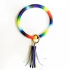 PU cuero arco iris pulsera llavero colorido llavero círculo borla pulsera mujeres chica arco iris pulsera llavero regalos HHA756