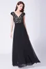 Sexy Zwarte Avondjurk Lange V-hals Lange Chiffon Prom Dress met Floral Lace Rits Terug formele jurken